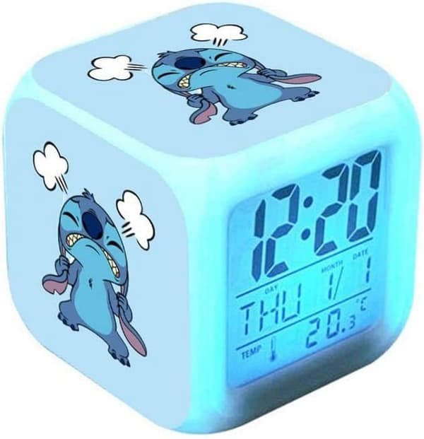 LED-väckarklocka, Stitch Baby Color Changing Väckarklocka, LCD-kubklocka med nattljus, barnväckarklocka med ljus