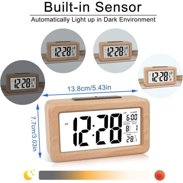 Enkelt inställd digital väckarklocka i trä med temperatur, digitalt alarm, datum, bakgrundsbelysning för sovrum, hem, kontor