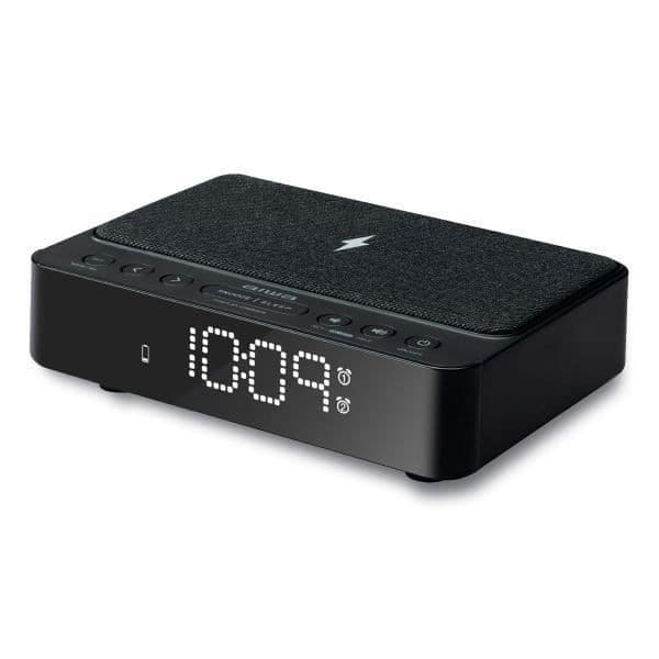 Radiowatcher AIWA CR-30 i svart färg med 5W trådlös laddning för mobiltelefoner, 0,7" LED-skärm med 4 förstärkare