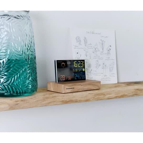 Väderstations väckarklocka - THOMSON - Mörk trä - Temperaturdisplay, Hygrometri, Dubbelt larm, USB-C, Trådlös sond