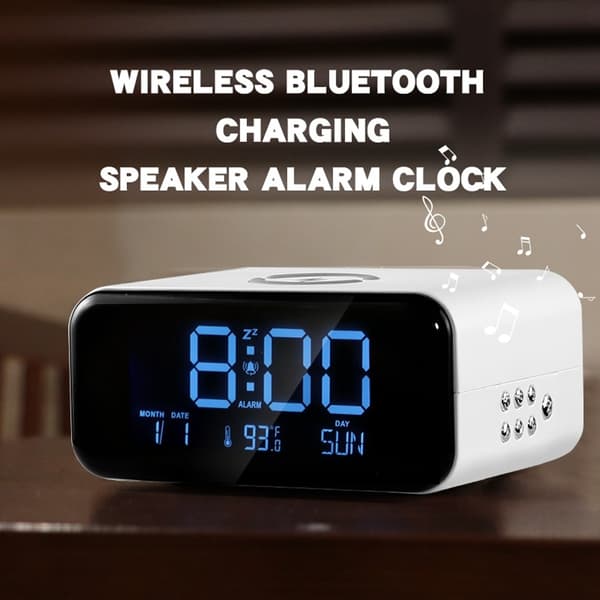 Vækkeur Natlys Bluetooth-højttaler 15W Trådløs opladning Stor skærm