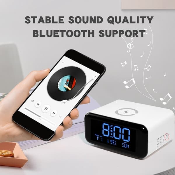 Vækkeur Natlys Bluetooth-højttaler 15W Trådløs opladning Stor skærm