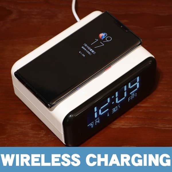 Vækkeur Natlys Bluetooth-højttaler 15W Trådløs opladning Stor skærm