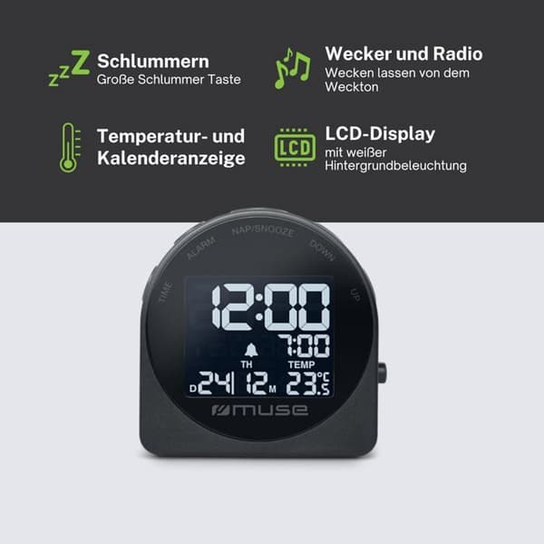 Reseveklocka - MUSE - M-09 C Svart - LCD-display - Bakgrundsbelyst - Enstaka alarm - Upprepning - Snooze