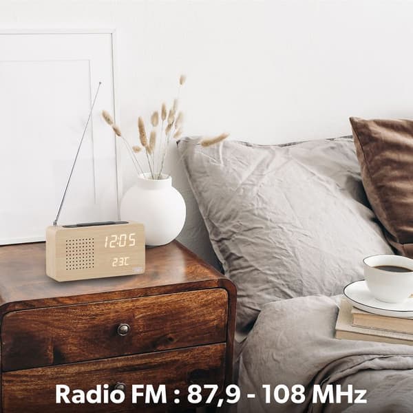 T’nB – Digital väckarklockaradio med LED, 1 programmerbart larm, justerbar belysning, FM-radiostationer – Träfinish