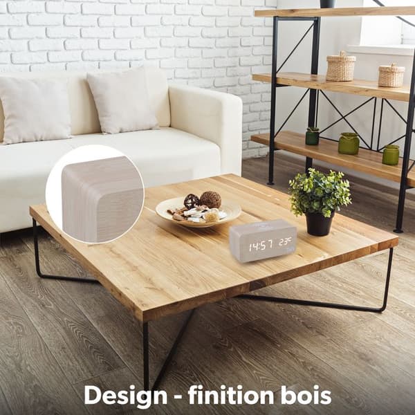 T'nB - Digital väckarklocka, trådlös smartphone-induktionsladdare, justerbar belysning, 3 programmerbara larm - träfinish