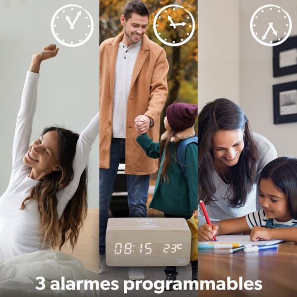 T'nB - Digital väckarklocka, trådlös smartphone-induktionsladdare, justerbar belysning, 3 programmerbara larm - träfinish