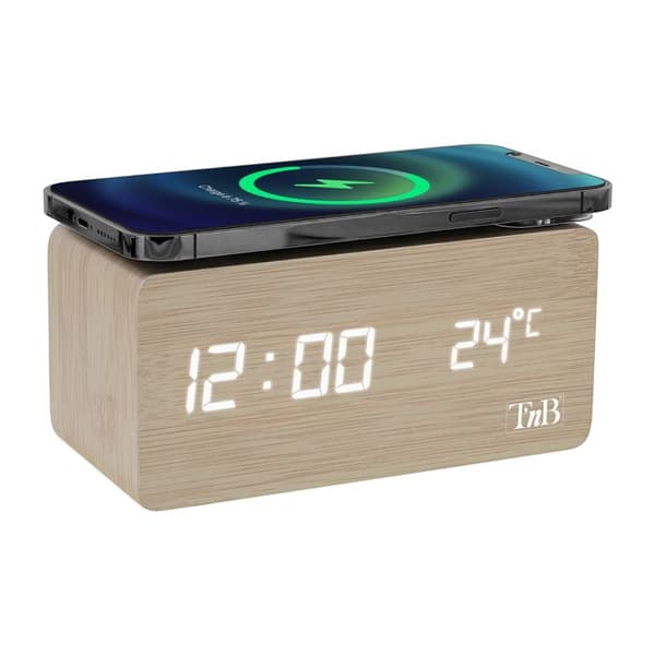 T'nB - Digital väckarklocka, trådlös smartphone-induktionsladdare, justerbar belysning, 3 programmerbara larm - träfinish