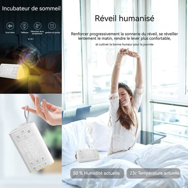 INN Väckarklocka digital display med vitt brus multifunktionell temperatur- och fuktighetsdisplay hjälper avkoppling
