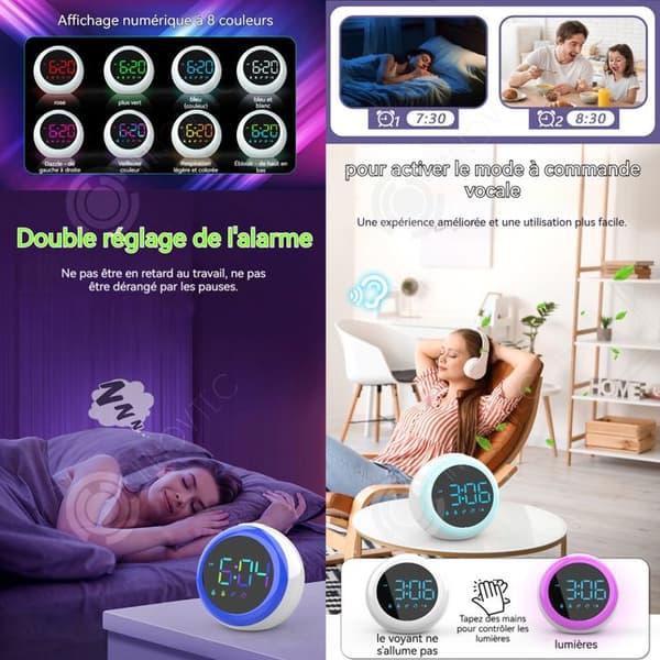 INN Väckarklocka 10,7x8,5 cm färgstark röstaktiverad elektronisk LED-klocka med 3 ljusstyrkalägen och 8 färgljuslägen
