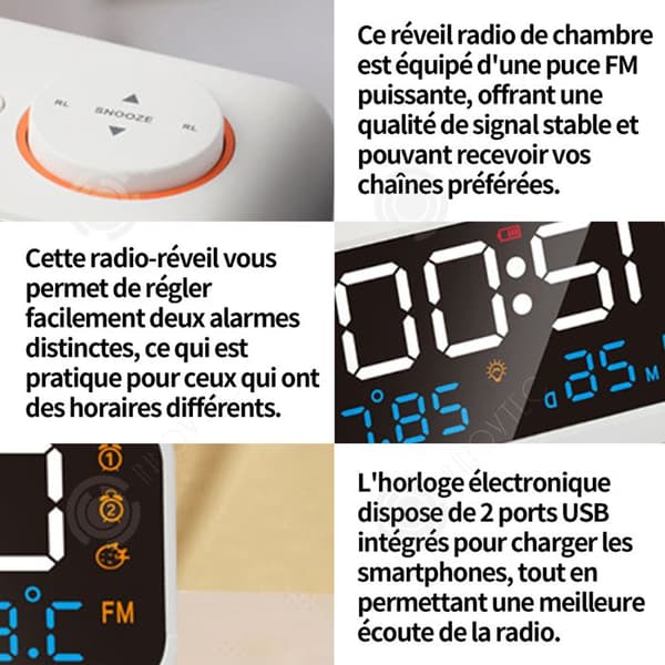 INN LED-väckarklockaradio med dubbla larm Digital väckarklocka med FM och 2 USB-laddningsportar Snooze, minne, timerfunktion