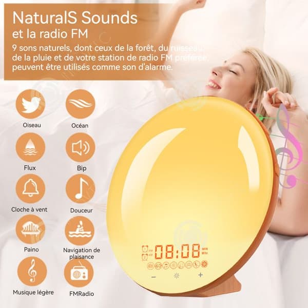 INN Wake-up LED-ljus väckarklocka gryning-skymningssimulator 2 väckarklockor 9 naturliga ljud snoozefunktion nattljus wake-up light bluetoo
