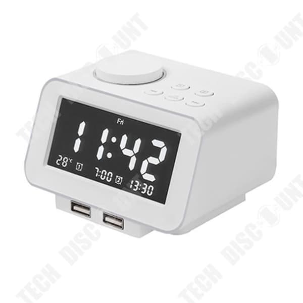 TD® FM-klockradio LCD-skärm med justerbar ljusstyrka med dubbla USB-telefonladdare - Vit