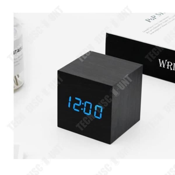 TD® fyrkantig trä kubisk klocka LED-kreativ väckarklocka trä svart elektronisk med smart röststyrning-snygg-multifunktion
