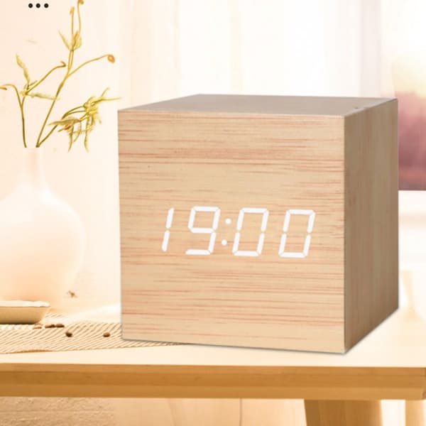 TD® fyrkantig trä kubisk klocka LED-Kreativ elektronisk träväckarklocka med smart röststyrning-Snygg-multifunktion