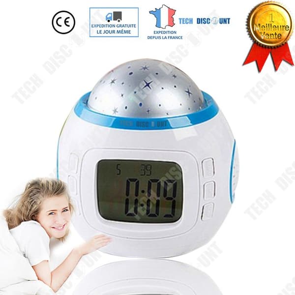 TD Barnprojektion Väckarklocka Digital Nattljus Musik Bakgrundsbelysning Kalender Termometer Baby Rum Display Alarm Design