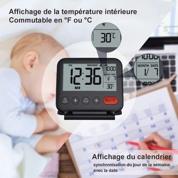 Ljusväckarklocka - Mini Digital Klocka - Resväckarklocka - med Bakgrundsbelyst Kalender 12/24H Temperatur, Sminkspegel