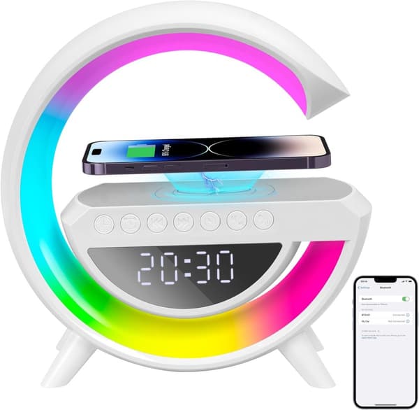 RGB LED-lamppu, induktiolaturi, radio, herätyskello