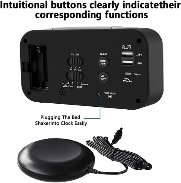 120dB Max Väckarklocka för Tungt Sovande | Sängshaker + Vibrerande Alarm & 7-Färgs Nattljus - Automatisk Dimmer