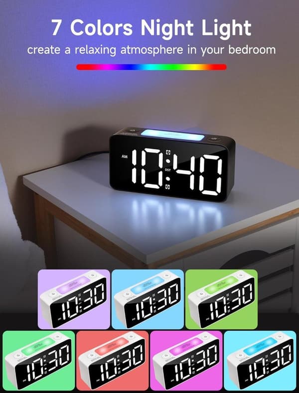 Superhög väckarklocka för tunga sovande vuxna, digital klocka med 7-färgs nattljus, justerbar volym, dimmer, USB laddare, små klockor för sovrum