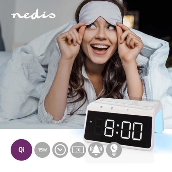 Väckarklocka + Certifierad Qi Trådlös Laddare | 5 / 7.5 / 10 / 15 W Dubbel Alarm Vit