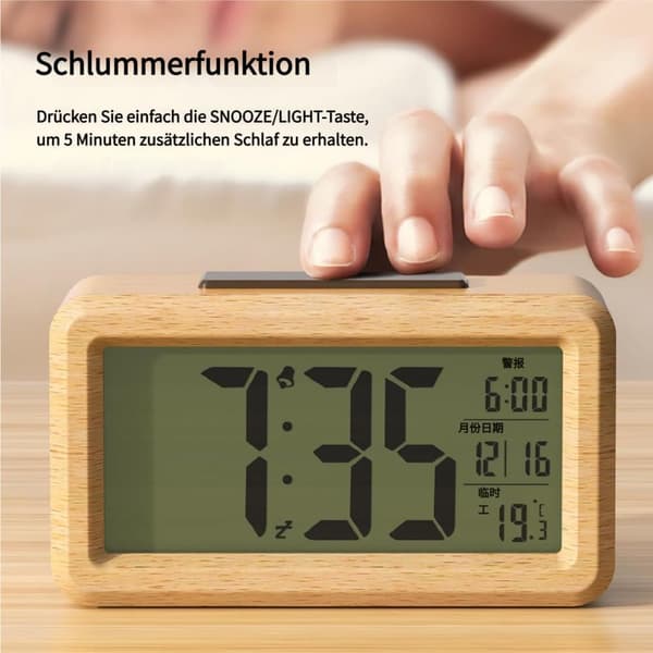 Digitalt vækkeur i Solid Book – LCD-skærm med Smart lyssensor, manuel baggrundsbelysning, snooze og batteridrift