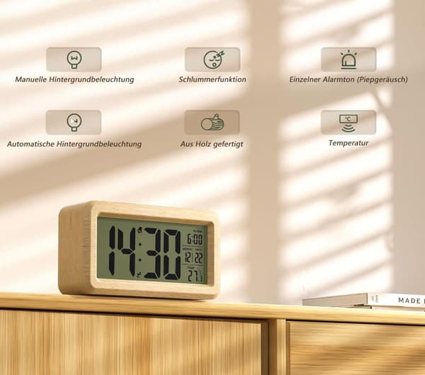 Digitalt vækkeur i Solid Book – LCD-skærm med Smart lyssensor, manuel baggrundsbelysning, snooze og batteridrift