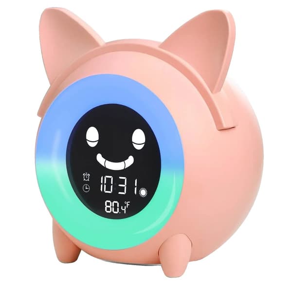 Børne vækkeur, 5 natlys farver, digital temperaturvisning,Pink Kat