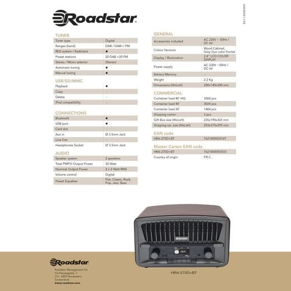 Radio Bärbar Vintage - Roadstar - HRA-270D+BT - DAB+/FM - Bluetooth - USB