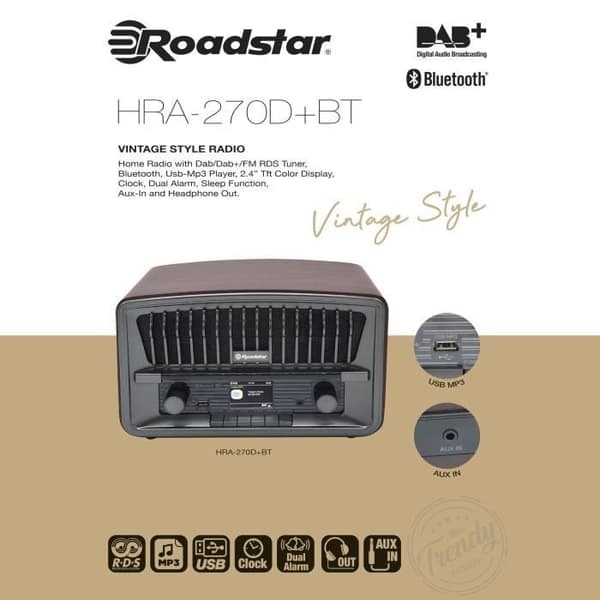Radio Bärbar Vintage - Roadstar - HRA-270D+BT - DAB+/FM - Bluetooth - USB