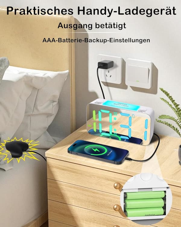 Vibrerende regnbuevækkeur med hjerteophæng, 15-farve skærm, 7-farve natlys, USB-oplader, strømtabshukommelse