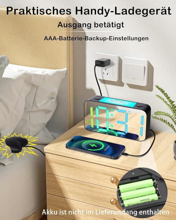 Vibrerende regnbuevækkeur med hjerteophæng, 15-farve skærm, 7-farve natlys, USB-oplader, strømtabshukommelse