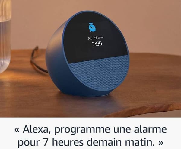 Smart radio amazon Echo Spot i azul färg med kraftfullt och intensivt ljud, använd på dagen med god paj, usa el