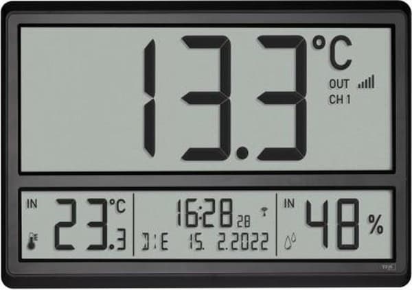 TFA Dostmann 60.4523.01 - Kello - Digitaalinen - XL - Lähetin - Ulkolämpötila - Kosteus - Hälytin - Torkku - Musta - Harmaa