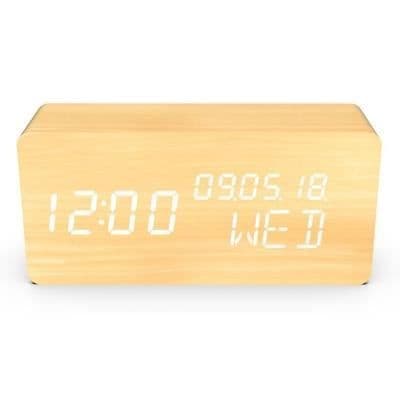 4 i 1 väckarklocka - EVOOM - TRÄ-modell - Klocka, Termometer, Kalender - Naturlig färg - Digitalradio