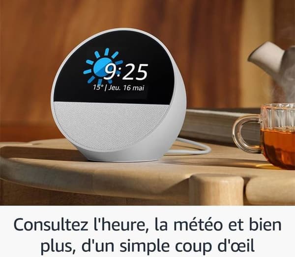 Smart radio amazon Echo Spot i azul färg med kraftfullt och intensivt ljud, använd på dagen med god paj, usa el