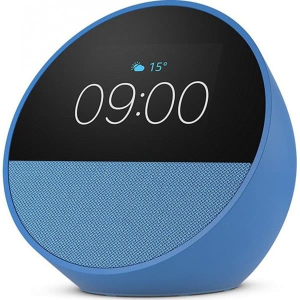 Smart radio amazon Echo Spot i azul färg med kraftfullt och intensivt ljud, använd på dagen med god paj, usa el