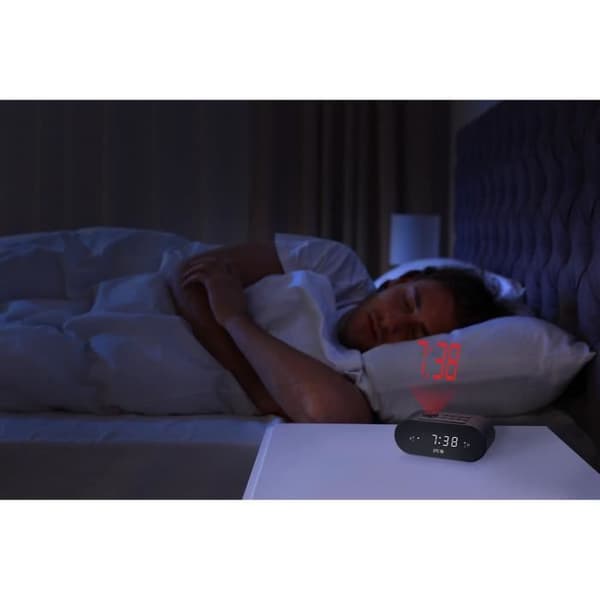 SPC FRODI MAX - Kompakt klockradio med justerbar projektor, stor snooze-/viloknapp, dubbla larm, XL-skärm, batteribackup