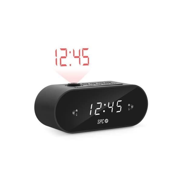 SPC FRODI MAX - Kompakt klockradio med justerbar projektor, stor snooze-/viloknapp, dubbla larm, XL-skärm, batteribackup