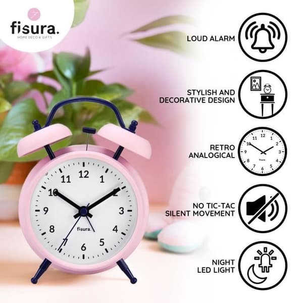 Analog väckarklocka - FISURA - Rosa - Metall och ABS - Tyst - LED nattlampa