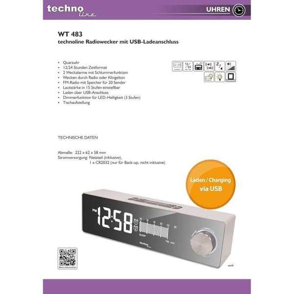 Technoline WT483 Klockradio Vit/Silver