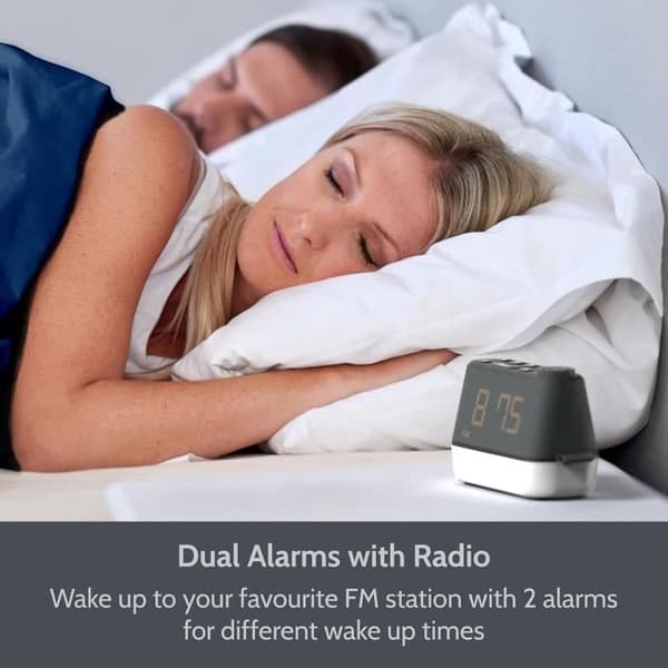 i-box Radio Väckarklocka med Nattlampa och USB-laddare, Avkopplande Ljud eller Vit Brus, Digital Morgonklocka Dubbel Alarm, Ljusväckarklocka