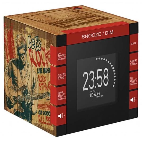 BIGBEN INTERACTIVE Radioklocka Cube Projektor Dekor Rock Wood