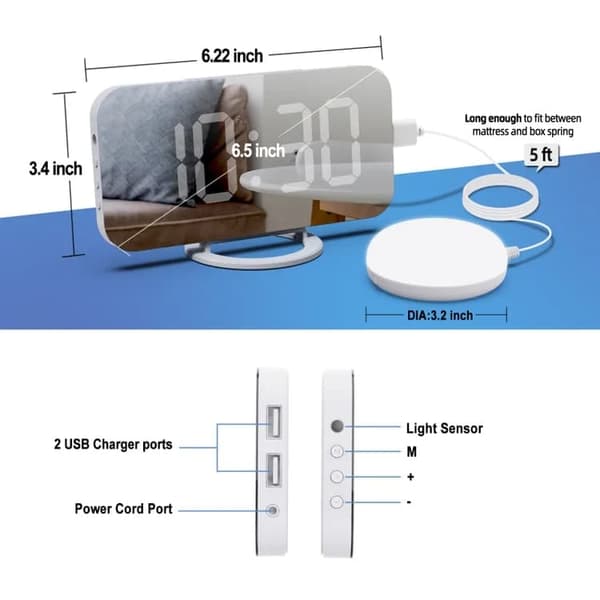 Väckarklocka med sängskakare - Digital LED-spegel väckarklocka för tungt sovande Digital klocka