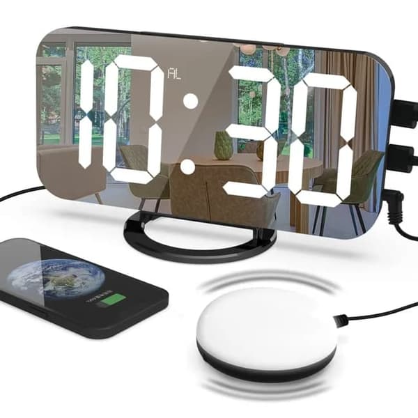 Väckarklocka med sängskakare - Digital LED-spegel väckarklocka för tungt sovande Digital klocka