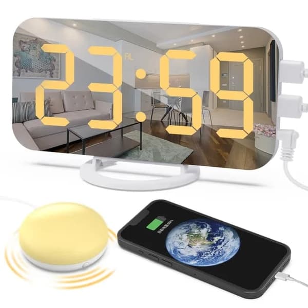 Väckarklocka med sängskakare - Digital LED-spegel väckarklocka för tungt sovande Digital klocka