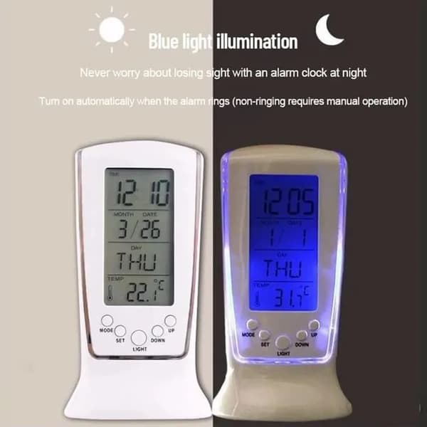 Mini LCD vækkeur med blå baggrundsbelysning, temperaturvisning og nedtælling - hvid