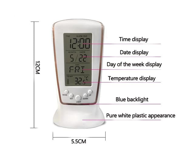 Mini LCD vækkeur med blå baggrundsbelysning, temperaturvisning og nedtælling - hvid