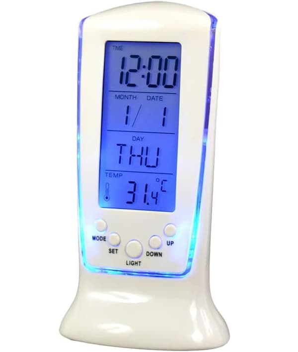 Mini LCD vækkeur med blå baggrundsbelysning, temperaturvisning og nedtælling - hvid