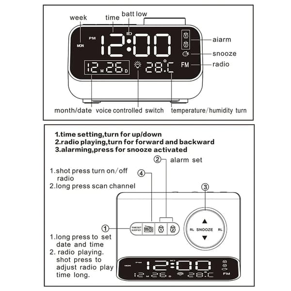 multifunktionell LED digital väckarklocka med FM-radio, termometer, hygrometer, USB-laddning